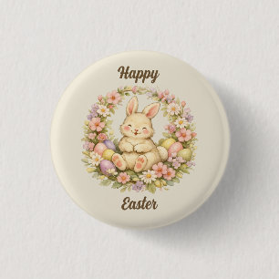 Vintage Happy Easter Bunny Floral Wreath 3 Cm Round Badge