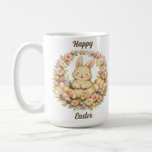 Vintage Happy Easter Bunny Floral Wreath Coffee Mug