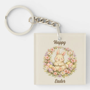 Vintage Happy Easter Bunny Floral Wreath Key Ring