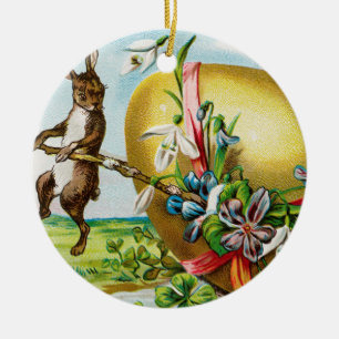 Vintage Happy Easter Bunny Rabbits Easter Eggs Ceramic Tree Decoration