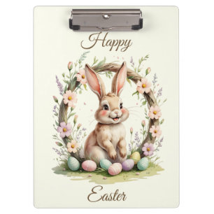 Vintage Happy Easter Bunny with Floral Wreath Clipboard