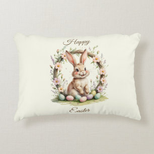 Vintage Happy Easter Bunny with Floral Wreath Decorative Cushion