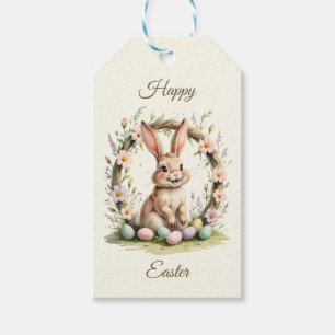 Vintage Happy Easter Bunny with Floral Wreath Gift Tags