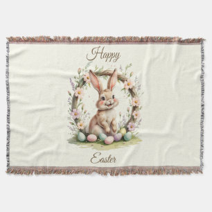 Vintage Happy Easter Bunny with Floral Wreath Throw Blanket