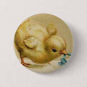 Vintage Happy Easter Chick with Blue Flowers 6 Cm Round Badge