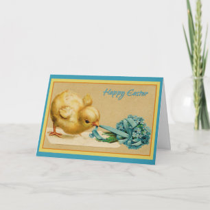 Vintage Happy Easter Chick with Blue Flowers Card