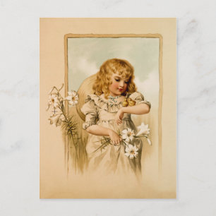 Vintage Happy Easter country girl and chicks Holiday Postcard