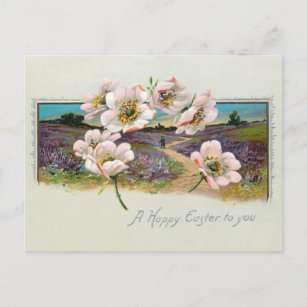 Vintage Happy Easter Landscape with Apple Blossoms Holiday Postcard