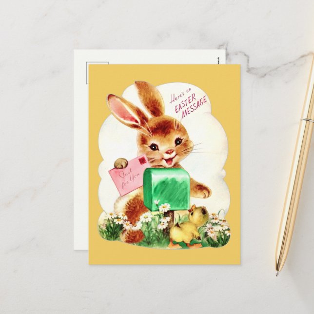 vintage Happy Easter message bunny Holiday Postcard (Front/Back In Situ)