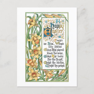 Vintage Happy Easter Ornate Text with Daffodils Holiday Postcard