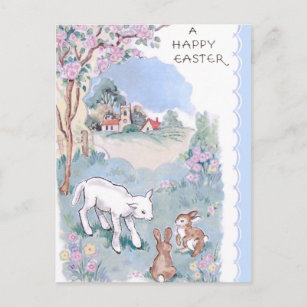 Vintage Happy Easter Wishes with Lamb & Bunnies Postcard