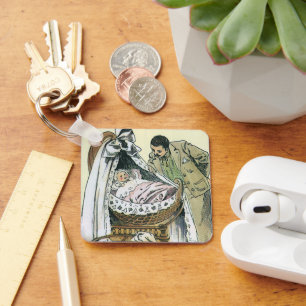 Vintage Happy Fathers Day, Victorian Baby Bassinet Key Ring