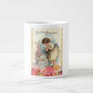 Vintage Happy Girl Easter Greeting Coloured Eggs Large Coffee Mug