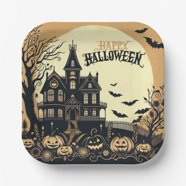 Vintage happy Halloween art Paper Plate (Front)