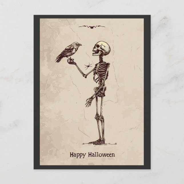 Vintage Happy Halloween Creepy Skeleton Bird Postcard (Front)