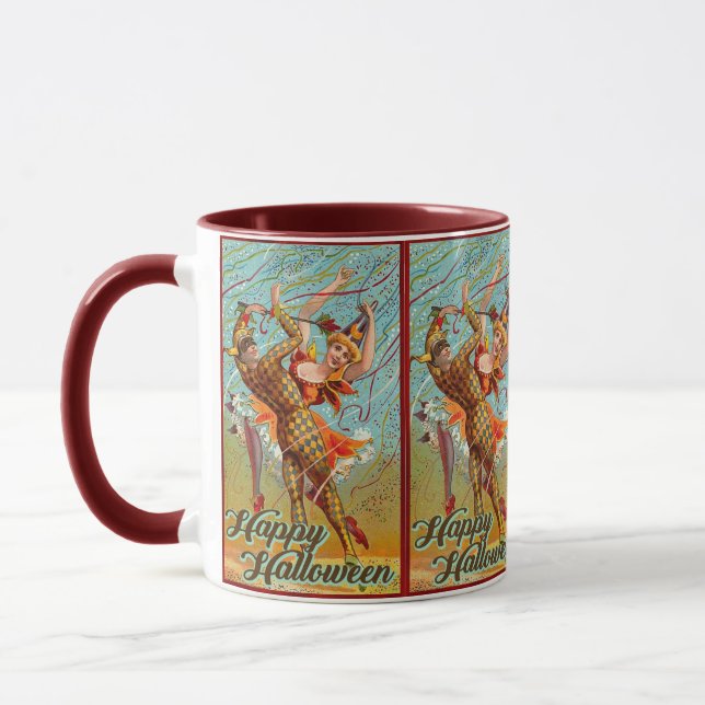 Vintage Happy Halloween Dancing in Jester Costume Mug (Left)