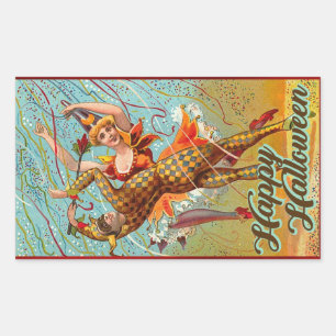 Vintage Happy Halloween Dancing in Jester Costume Rectangular Sticker