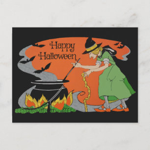 Vintage Happy Halloween Drawing Old Witch & Bats Postcard