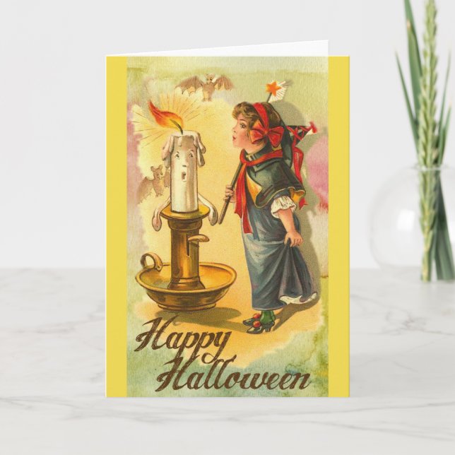 Vintage Happy Halloween Girl Blowing Out Candle Card (Front)