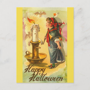 Vintage Happy Halloween Girl Blowing Out Candle Postcard
