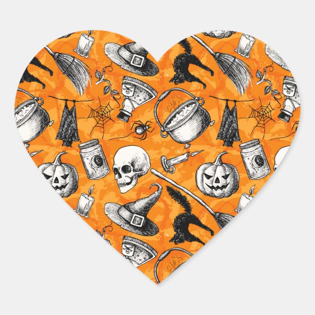 Vintage Happy Halloween Pattern. Witch, pumpkin Heart Sticker (Front)