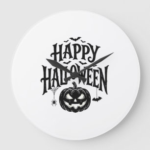 Vintage Happy Halloween Pumpkin Bat Shirt Design_1 Large Clock