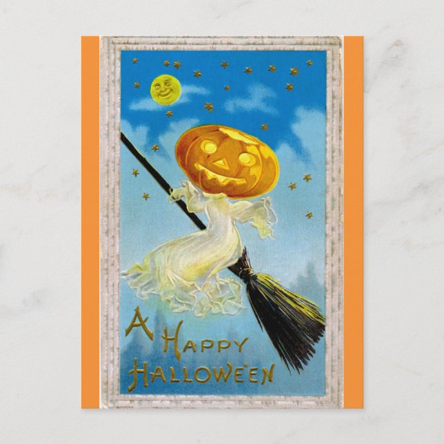Vintage Happy Halloween Pumpkin Witch Postcard (Front)