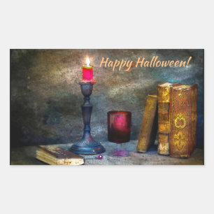 Vintage Happy Halloween Red Candle & Old Books Rectangular Sticker