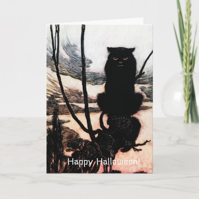 Vintage Happy Halloween Spooky Cat Arthur Rackham Card (Front)