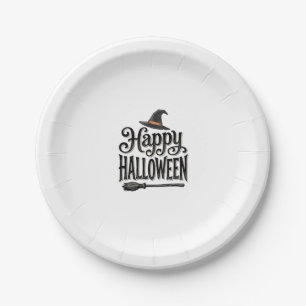 Vintage Happy Halloween Witch Hat Shirt Design_1 Paper Plate