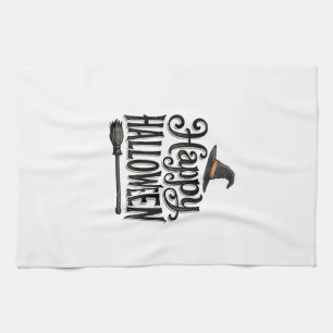 Vintage Happy Halloween Witch Hat Shirt Design_1 Tea Towel