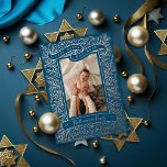Vintage Happy Hanukkah Holiday Photo Foil Card<br><div class="desc">Real foil Happy Hanukkah banner with illustrated branches framing a portrait photo. Choose the frame colour,  svg layer. Choose your foil colour: gold,  silver or rose gold,  and backer colour. Add more photos to the back or write a message.</div>