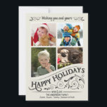 Vintage Happy Holidays 4-Photo Flat Card<br><div class="desc">Frosted window pane Christmas Holiday flat greeting cards with four photo frames. Fun and festive retro style inverted chalkboard style on elegant cream white background with fancy holly scrolls and rustic old-fashion typographic calligraphy swirl lettering. Click Customise It to adjust the inside frame for different size or odd shaped photos....</div>