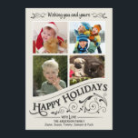 Vintage Happy Holidays 4-Photo Flat Card<br><div class="desc">Frosted window pane Christmas Holiday flat greeting cards with four photo frames. Fun and festive retro style inverted chalkboard style on elegant cream white background with fancy holly scrolls and rustic old-fashion typographic calligraphy swirl lettering. Click Customise It to adjust the inside frame for different size or odd shaped photos....</div>