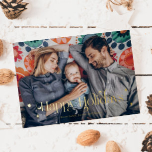 Vintage Happy Holidays Christmas Family Photo Foil Holiday Card