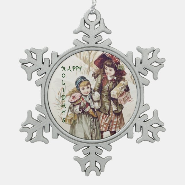 Vintage Happy Holidays Snowflake Ornament (Front)