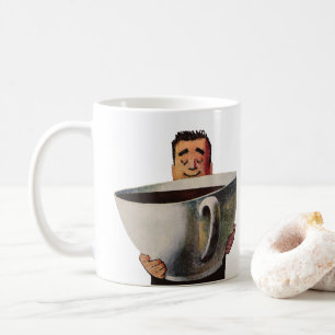Vintage Happy Man Drinking Giant Cup of Coffee
