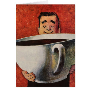 Vintage Happy Man Drinking Giant Cup of Coffee