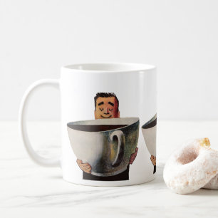 Vintage Happy Man Drinking Giant Cup of Coffee