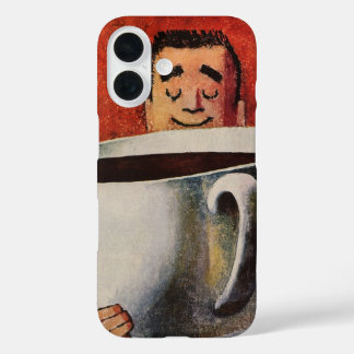 Vintage Happy Man Drinking Giant Cup of Coffee iPhone 16 Case