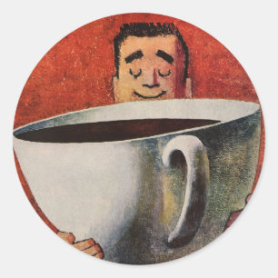 Vintage Happy Man Drinking Giant Cup of Coffee Classic Round Sticker