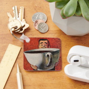 Vintage Happy Man Drinking Giant Cup of Coffee Key Ring