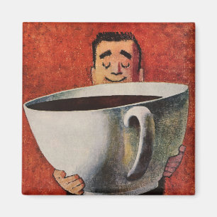 Vintage Happy Man Drinking Giant Cup of Coffee Magnet