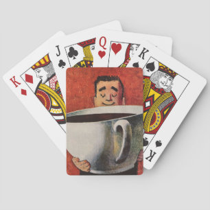 Vintage Happy Man Drinking Giant Cup of Coffee Playing Cards