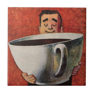Vintage Happy Man Drinking Giant Cup of Coffee Tile