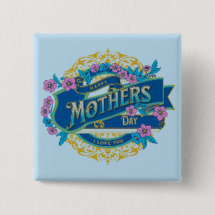 Vintage Happy Mother's Day Blue Floral Flowers 15 Cm Square Badge