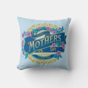 Vintage Happy Mother's Day Blue Floral Flowers Cushion