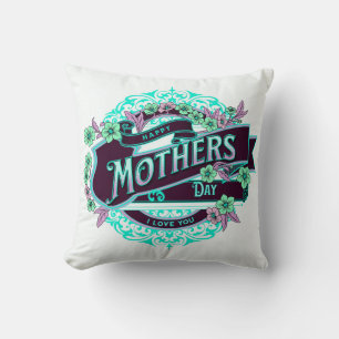 Vintage Happy Mother's Day Green Purple Floral Cushion