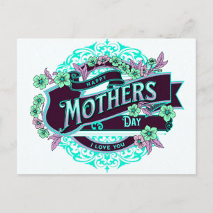 Vintage Happy Mother's Day Green Purple Floral Postcard