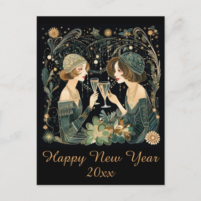 Vintage Happy New Year Art Deco Ladies Postcard (Front)